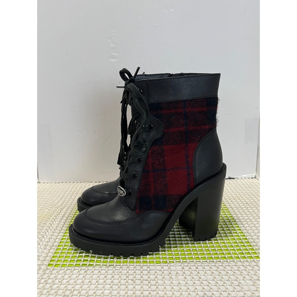 Coach Hedy Block-Heel Booties Women's 7B Black Leather Red Plaid Wool EUC